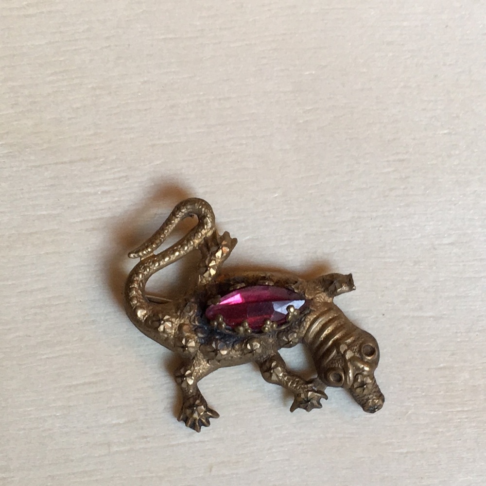 Antique salamander costume brooch brass red glass